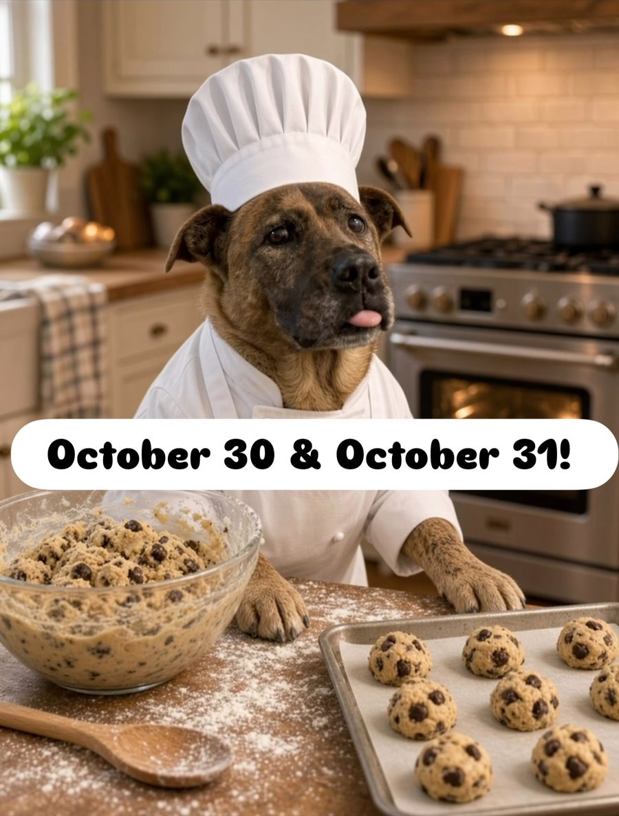 Halloween pop-up graphic: a dog in a chef's hat with a bowl of cookie dough and a tray of cookies, with the dates October 30 and October 31