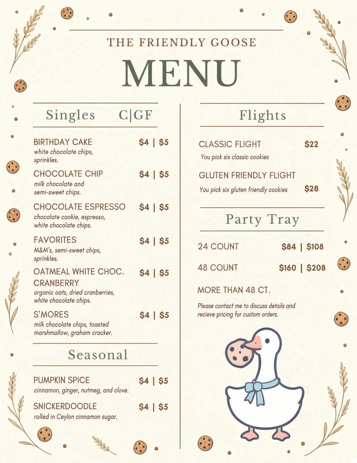 The Friendly Goose menu graphic listing singles, classic and gluten-friendly flights, party trays, and seasonal flavors with prices